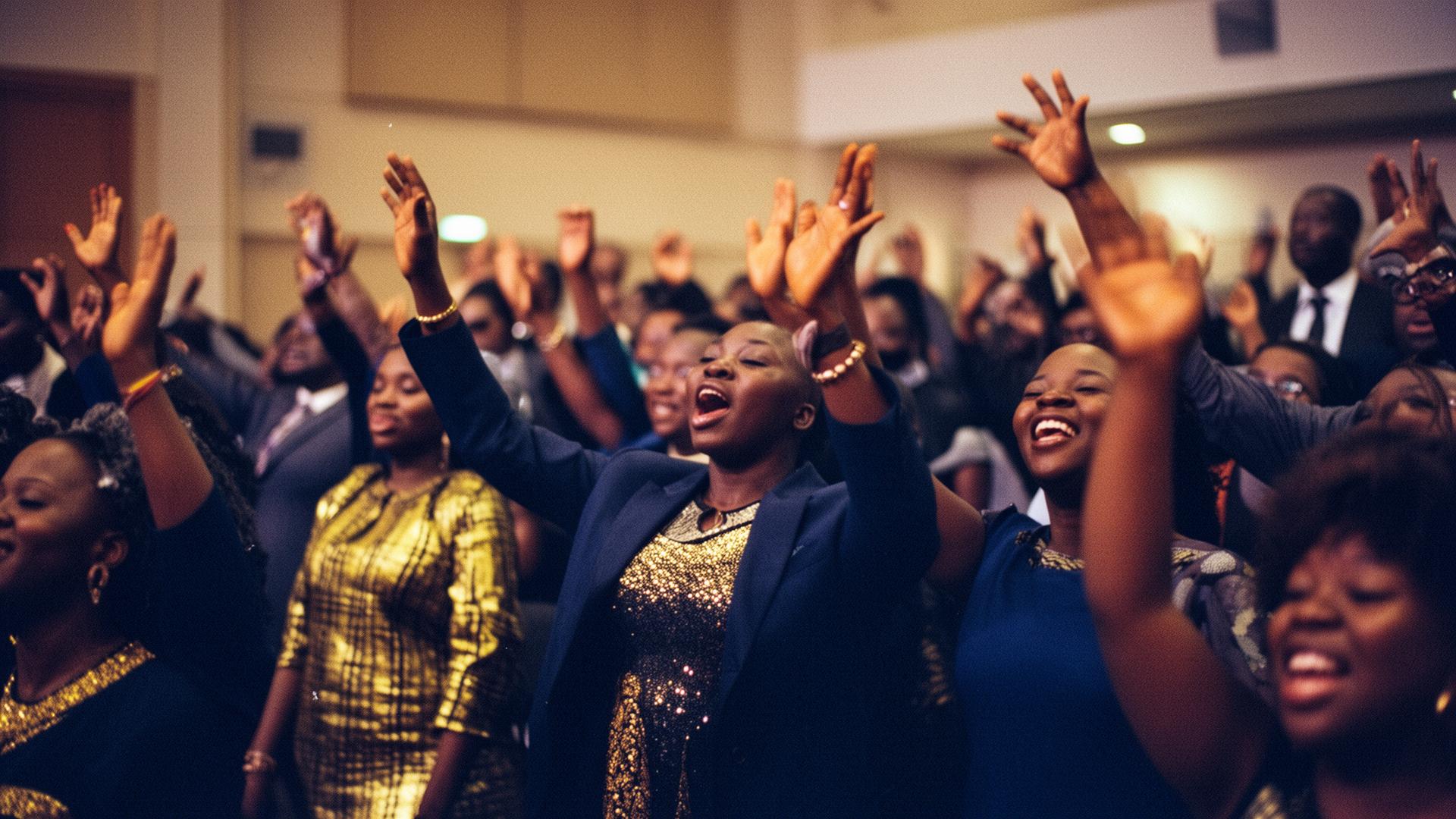 Congregation worshipping with hands raised